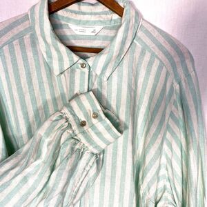 LAUREN CONRAD Shirt Linen Striped Button Front Long Sleeve Womens 2X Green White